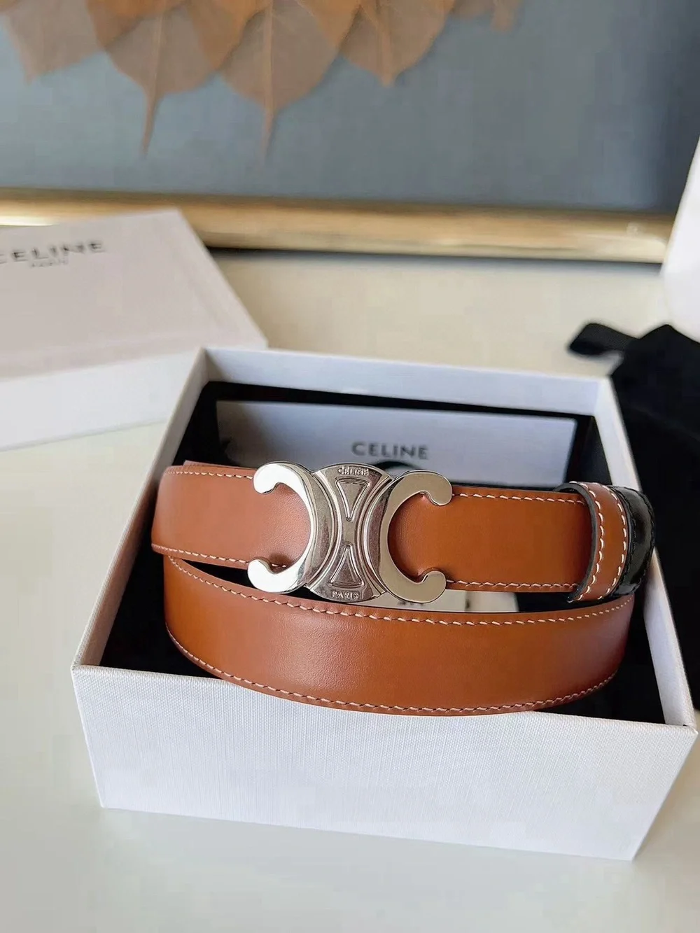 Celine Tan Leather Belt with Silver Triomphe Buckle